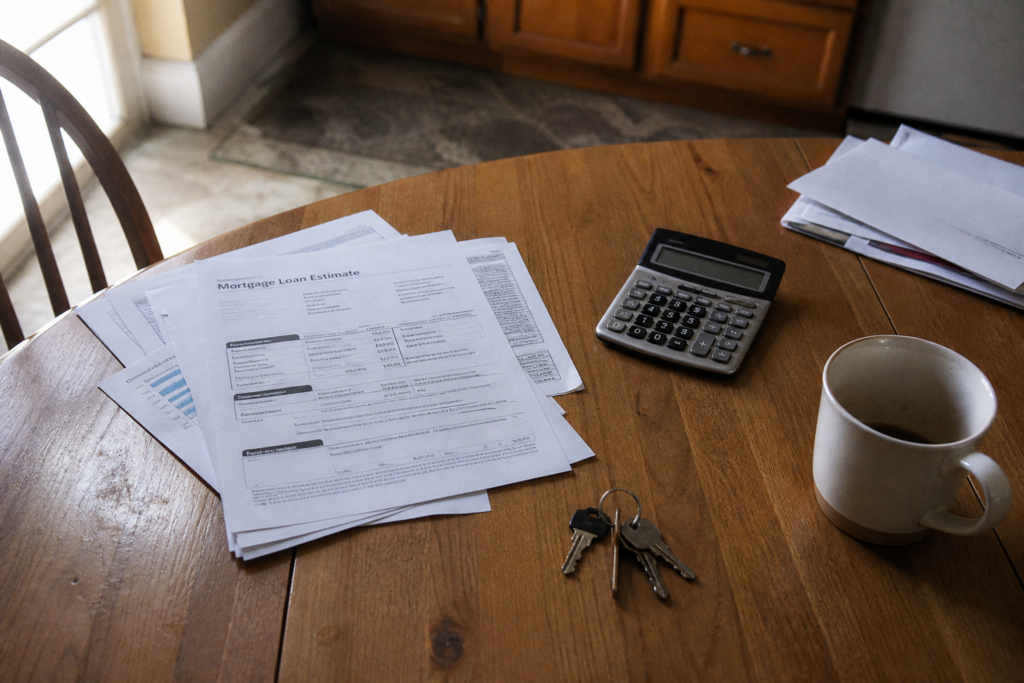 Mortgage Loan Estimate, calculator, and house keys on a kitchen table