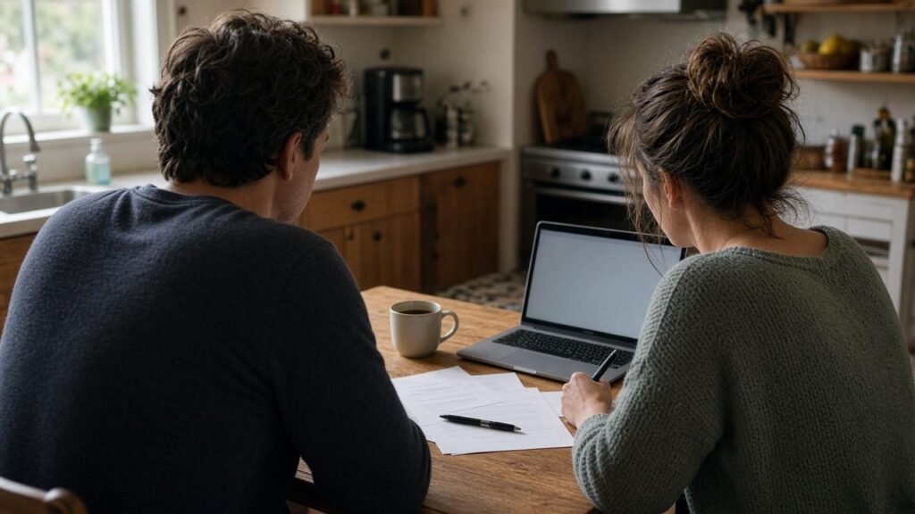 Couple at a kitchen table reviewing FHA loan paperwork and a laptop together