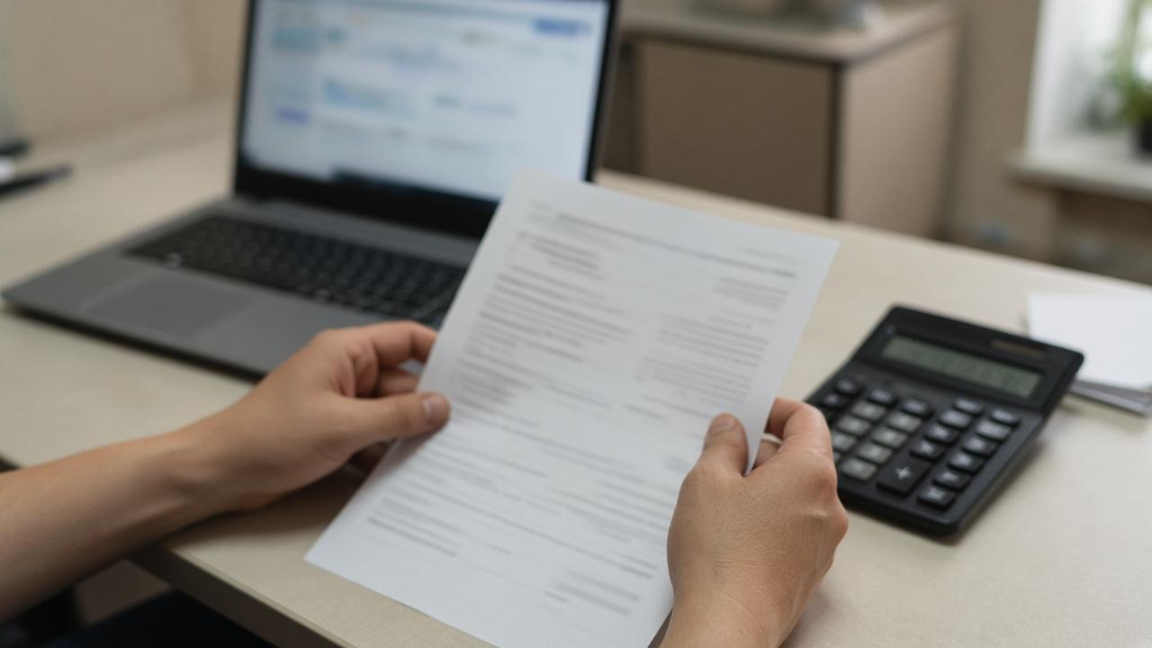 Hands holding a printed page at an office desk while reviewing credit for an FHA loan