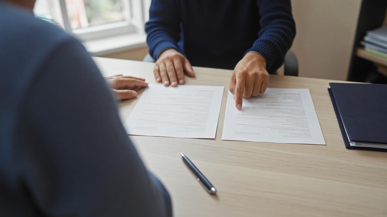 Loan officer and homebuyer comparing two loan options on paper across an office desk