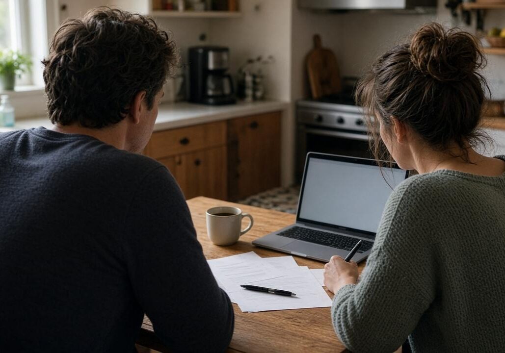 Couple at a kitchen table reviewing FHA loan paperwork and a laptop together